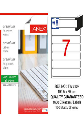 Tanex Lazer Etiket Tw 2107 192.5*39 Mm Beyaz 100Lü