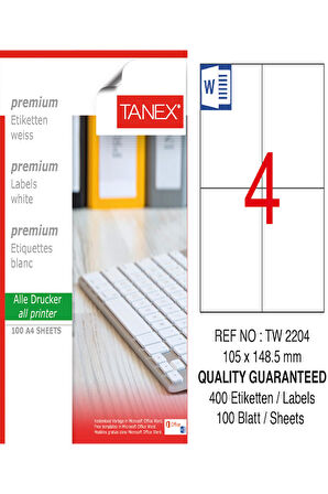 Tanex Lazer Etiket Tw 2204 105*148.5 Mm Beyaz 100Lü