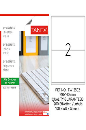 Tanex Lazer Etiket Tw 2302 210*140 Mm Beyaz 100Lü