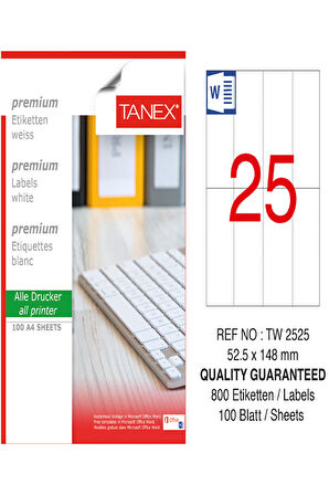 Tanex Lazer Etiket Tw 2525 52.5*148.5 Mm Beyaz 100Lü