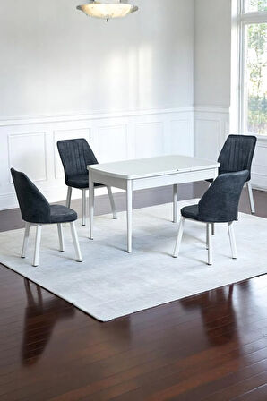 Florn Beyaz 80 x 132 Açılabilen Sunta Masa Metal Ayaklı Mutfak Masası Takımı 4 Füme Desen Sandalye