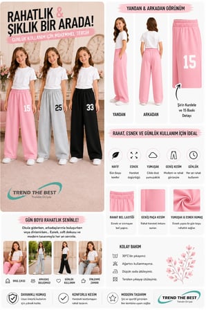 Yazlık Kız Erkek Unisex Çocuk Baggy Kalıp Siyah, Pembe, Gri 3'lü Eşofman Altı Takımı