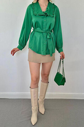 Yeni Sezon Kadın Yakası Fırfırlı Kuşaklı Uzun Kollu Saten Gömlek