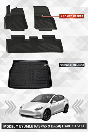 Tesla Model Y 2020+ Uyumlu LİNER Marka 3D Bagaj Havuzu + SAHLER 4.5D Oto Paspas