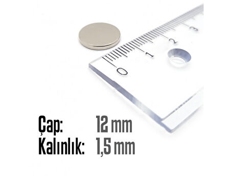 Neodyum Mıknatıs Silindir Çap 12mm , Kalınlık 1.5mm   ( 10 Adet)