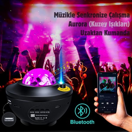Galaxy Projektör Bluetooth Hoparlör Kuzey Işıkları Gece Lambası Kumandalı LED Projeksiyon Lambası 