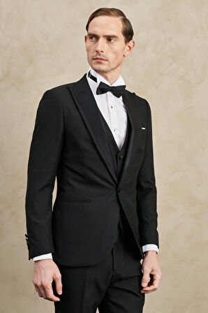 Erkek Siyah Slim Fit Dar Kesim Kırlangıç Yaka Desenli Klasik Smokin Takım