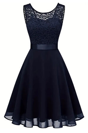 Kadın Büyük Beden Lacivert Beli Kurdaleli Kolsuz Midi Elbise