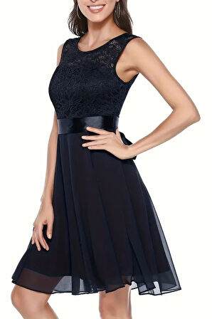 Kadın Büyük Beden Lacivert Beli Kurdaleli Kolsuz Midi Elbise