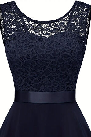 Kadın Büyük Beden Lacivert Beli Kurdaleli Kolsuz Midi Elbise