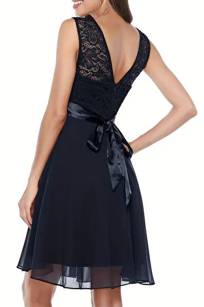 Kadın Büyük Beden Lacivert Beli Kurdaleli Kolsuz Midi Elbise