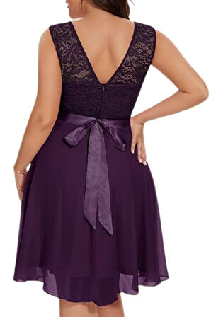 Kadın Büyük Beden Mürdüm Beli Kurdaleli Kolsuz Midi Elbise