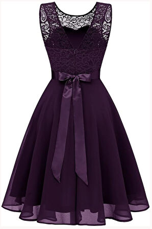 Kadın Büyük Beden Mürdüm Beli Kurdaleli Kolsuz Midi Elbise