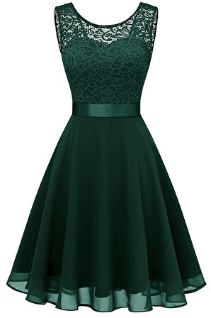 Kadın Büyük Beden Zümrüt Yeşil Beli Kurdaleli Kolsuz Midi Elbise