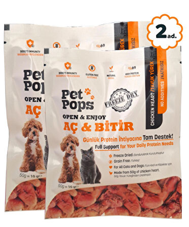 Kedi ve Köpekler için %100 doğal Aç-Bitir Mama - Dondurularak Kurutulmuş Tavuk Yürek - 2 x 10gr