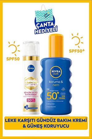 NIVEA SUN Güneş Koruyucu Vücut Spreyi 200ml, Luminous630 Leke Karşıtı Yüz Kremi 40ml, SPF50, Çanta Hediye