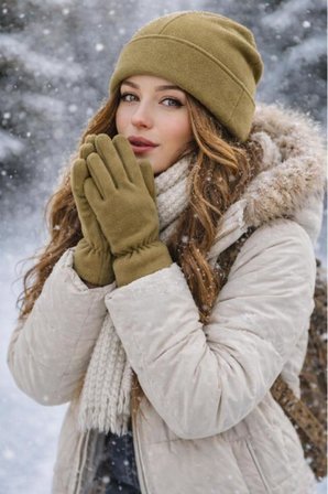 Şapka 0//HAKİ Kadın & Erkek Polar Bere 3’lü Set – Kışlık Sıcak Tutacak