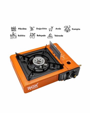 Rox 0189 Tekli Portatif Kamp Ocak, Rüzgarlıklı, Ekstra Gaz Girişli - Turuncu