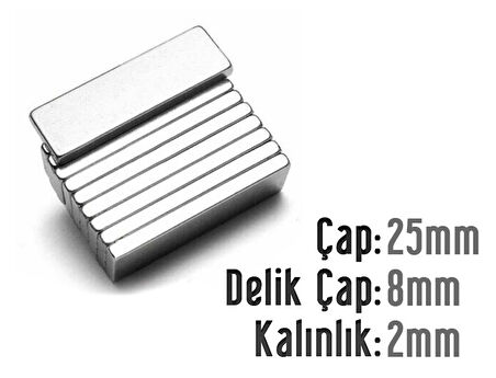 Neodyum Mıknatıs Köşeli  25x8mm , Kalınlık 2 mm ( 2 Adet)