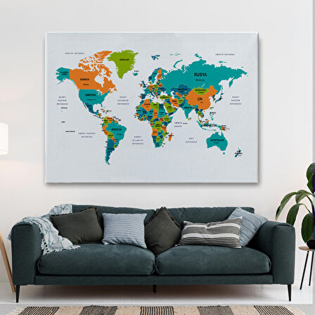 Harita Sepeti Türkçe Dünya Haritası Dekoratif Kanvas Tablo Ülke ve Başkentli 1530