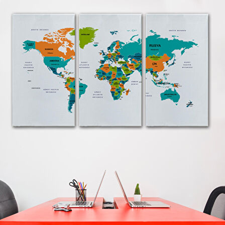 Harita Sepeti Türkçe Dünya Haritası Dekoratif Kanvas Tablo Ülke ve Başkentli 1530