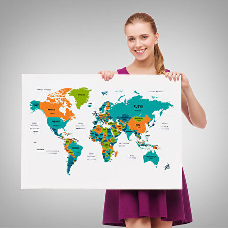 Harita Sepeti Türkçe Dünya Haritası Dekoratif Kanvas Tablo Ülke ve Başkentli 1530