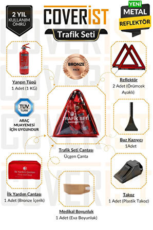 Üçgen Trafik ve İlk Yardım Seti - Muayene Uyumlu 1 KG Araç Yangın Tüpü - 2 Adet Reflektör - Bronze Pack