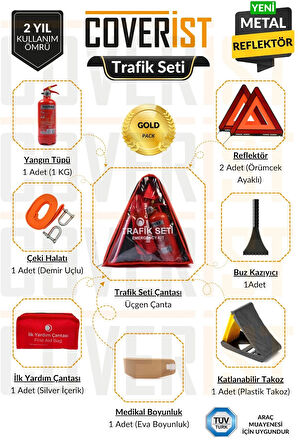 Üçgen Trafik ve İlk Yardım Seti - Muayene Uyumlu 1 KG Araç Yangın Tüpü - 2 Adet Reflektör - Gold Pack