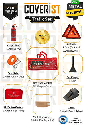 Trafik ve İlk Yardım Seti - Muayene Uyumlu 1 KG Araç Yangın Tüpü - 2 Adet Reflektör - Gold Pack
