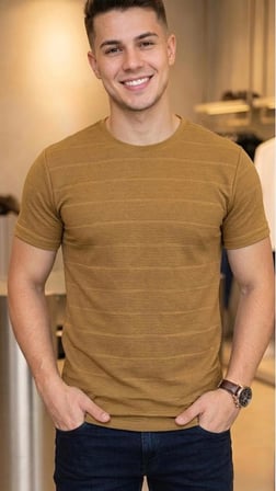 Çizgi Desenli Bisiklet Yaka Regular Fit Örme İnce Triko Erkek T-shirt