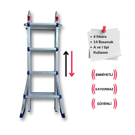 Endokon 398 cm. 14 Basamak A ve I Tipi Katlanıp Uzayabilen Mini Dev Alüminyum Merdiven