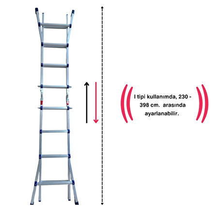 Endokon 398 cm. 14 Basamak A ve I Tipi Katlanıp Uzayabilen Mini Dev Alüminyum Merdiven