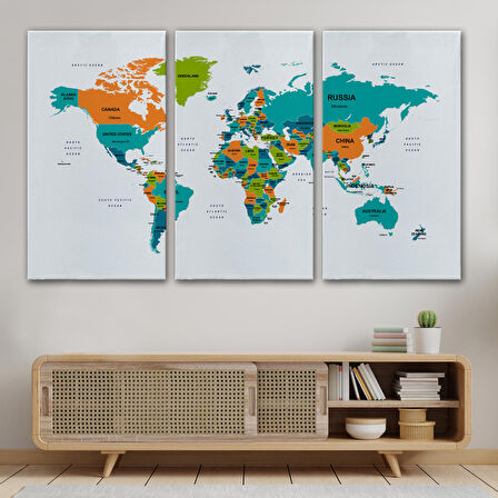 Harita Sepeti Dünya Haritası Dekoratif Kanvas Tablo Ülke ve Başkentli 1531