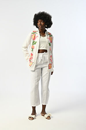 KADIN EKRU RENK PEMBE ÇİÇEK DESENLİ OVERSİZE KESİM GÖMLEK