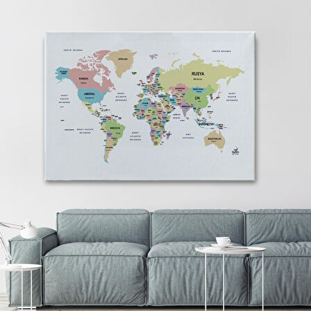 Harita Sepeti Türkçe Dünya Haritası Dekoratif Kanvas Tablo Ülke ve Başkentli 1532