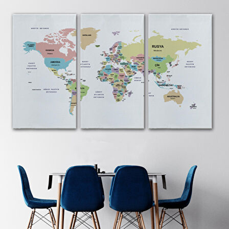 Harita Sepeti Türkçe Dünya Haritası Dekoratif Kanvas Tablo Ülke ve Başkentli 1532