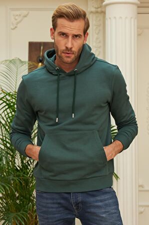 Erkek Kapüşonlu Comfort Fit Düz Sweatshirt Yeşil