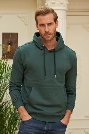 Erkek Kapüşonlu Comfort Fit Düz Sweatshirt Yeşil