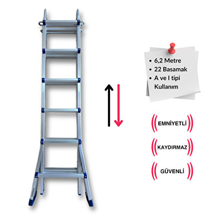 Endokon 622 cm. 22 Basamak A ve I Tipi Katlanıp Uzayabilen Mini Dev Alüminyum Merdiven