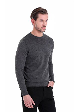 Gri Desenli Bisiklet Yaka Yünlü Triko Kazak | S