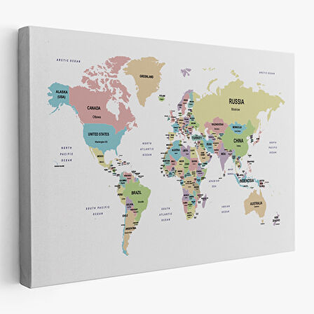 Harita Sepeti Dünya Haritası Dekoratif Kanvas Tablo Ülke ve Başkentli 1533