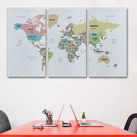 Harita Sepeti Dünya Haritası Dekoratif Kanvas Tablo Ülke ve Başkentli 1533