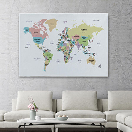 Harita Sepeti Dünya Haritası Dekoratif Kanvas Tablo Ülke ve Başkentli 1533