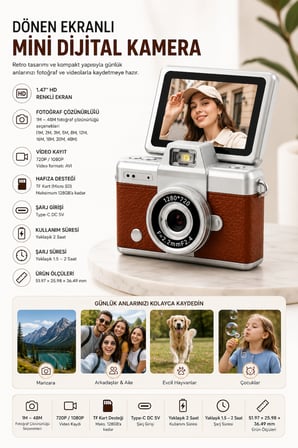 Mini Dijital Kamera Açılabilir Ekranlı 1080P Video 48MP Fotoğraf Flaşlı 1.47 İnç HD Ekran