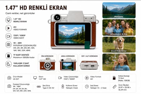 Mini Dijital Kamera Açılabilir Ekranlı 1080P Video 48MP Fotoğraf Flaşlı 1.47 İnç HD Ekran