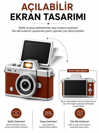 Mini Dijital Kamera Açılabilir Ekranlı 1080P Video 48MP Fotoğraf Flaşlı 1.47 İnç HD Ekran