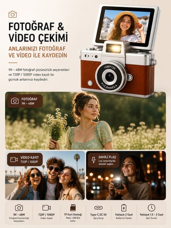 Mini Dijital Kamera Açılabilir Ekranlı 1080P Video 48MP Fotoğraf Flaşlı 1.47 İnç HD Ekran