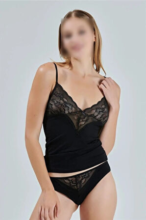 Kadın Siyah Dantel Detaylı Penye Atlet Kaşkorse Seti ROZ.6.EL.02.T