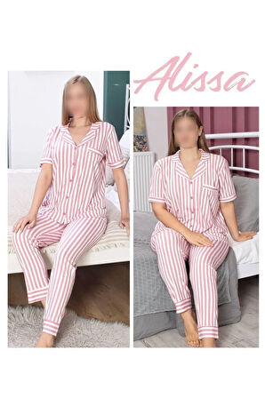 Kadın Pembe Çizgili Pijama Takımı ROZ.61.EL.04.T