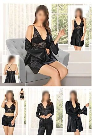 Kadın Siyah Saten Kutulu 6'lı Gelin Çeyiz Seti ROZ.86.EL.20.T